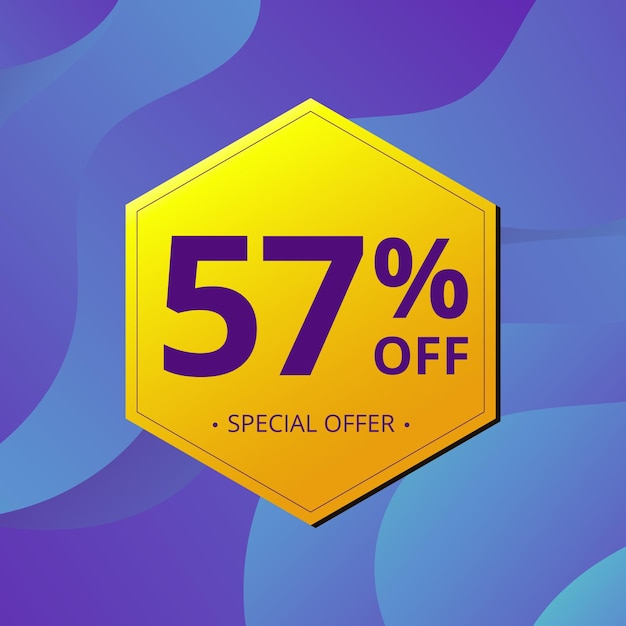 57 Venta y descuento Etiqueta Cincuenta y siete por ciento Abstracto Vector hexágono azul y amarillo