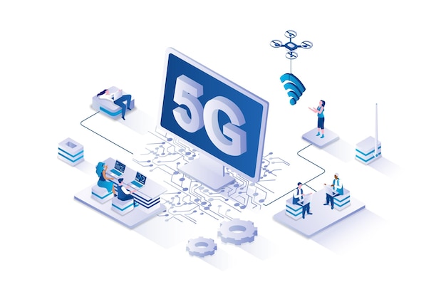 5G internet 3d isometric concept with isometry people design for web Users with laptops using high speed wifi signal hotspot in free access zone and global network technology Vector illustration