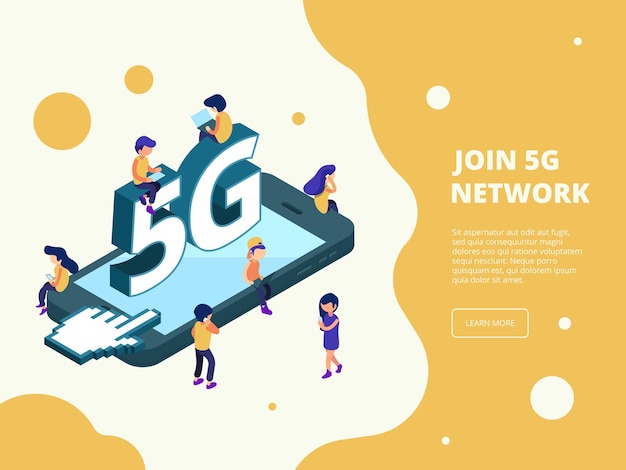 5g isométrico Smartphone transmitiendo personajes masculinos femeninos personas gadgets que se conectan al concepto de vector digital de telecomunicaciones 5g Ilustración de teléfono inteligente isométrico con tecnología de red 5g