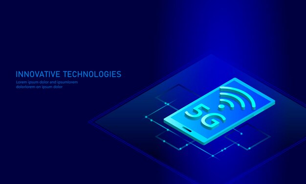 Vector 5g nueva conexión inalámbrica a internet wifi smartphone dispositivo móvil isométrico azul 3d plano red global alta velocidad innovación conexión tasa de datos tecnología vector ilustración arte