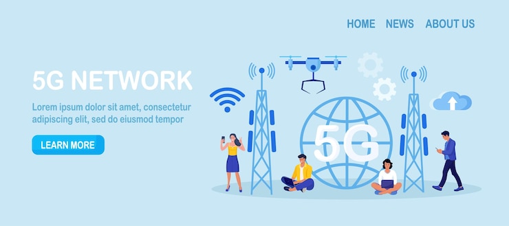 Vector 5g red tecnología inalámbrica internet móvil de alta velocidad gente que utiliza redes de nueva generación para la comunicación por gadgets caracteres cerca de big 5g signo servicio de telecomunicaciones móviles inalámbricas