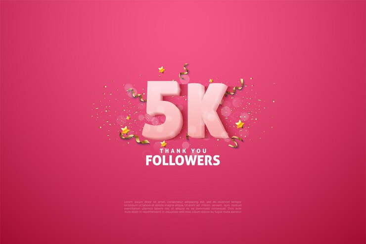 Vector 5k seguidores con números y letras sobre un fondo rosa.