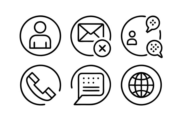 6 contactos con nosotros iconos de contorno de trazo editable configurados con fondo blanco