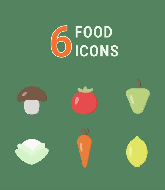 6 iconos planos de verduras y frutas sobre un fondo verde