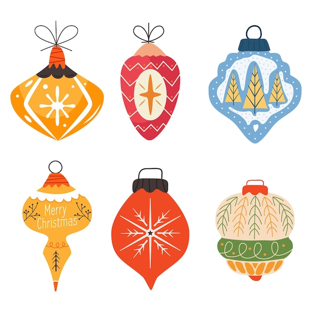 6 juguetes y bolas de árbol de Navidad Diferentes formas decoraciones de año nuevo en estilo de dibujos animados planos retro Conjunto de iconos de símbolos de Navidad inicia árboles Conjunto de ilustración vectorial
