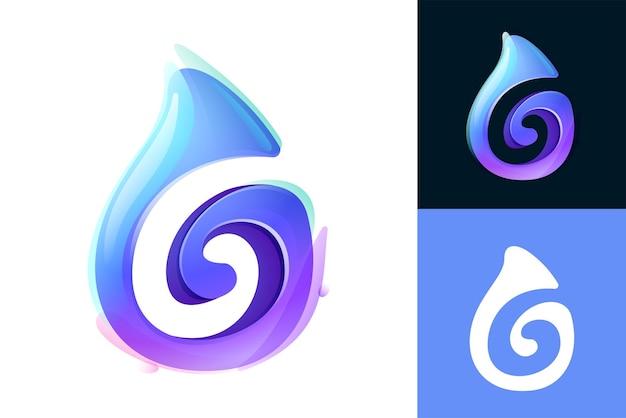 6 logo gota de agua pura logo número seis icono realista 3d ecológico inicial de onda salvaje en acuarela