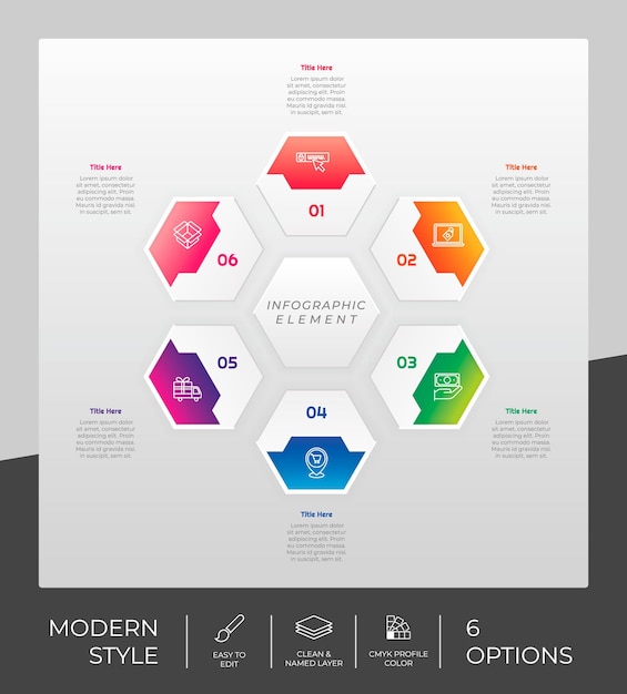 6 opciones de diseño vectorial infográfico moderno con objeto circular para marketing La infografía opcional se puede utilizar para presentaciones y negocios