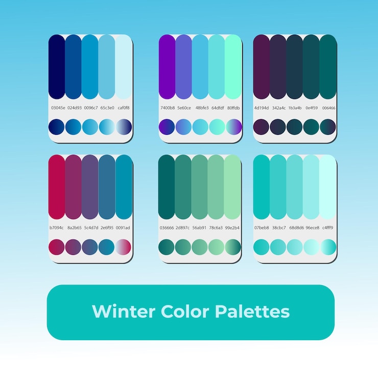 Vector 6 paletas de colores de invierno diferentes con color degradado