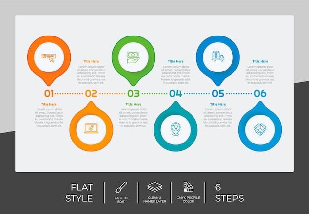 6 pasos de diseño vectorial de infografía plana con objeto cuadrado para marketing La infografía de proceso se puede utilizar para presentaciones y negocios