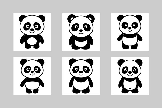 6 super lindo pequeño panda cachorro de dibujos animados vector silhueta ilustración de arte de línea