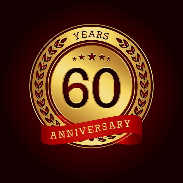 60 años de aniversario con un círculo dorado y una cinta roja en un fondo rojo oscuro