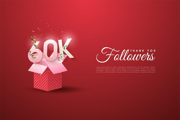 60k seguidores con números ilustrados en cajas de regalo abiertas.