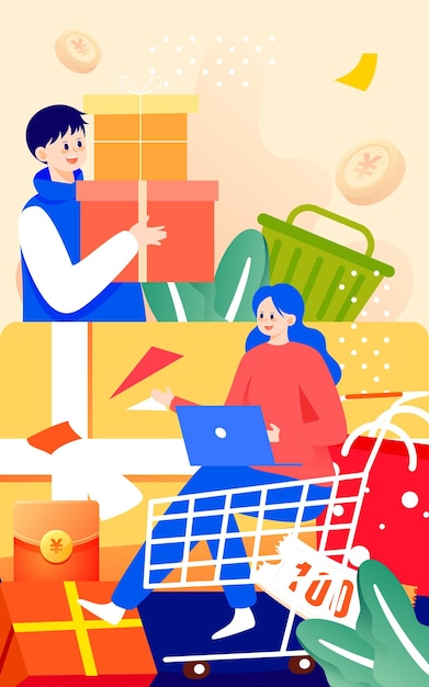 618 personas del festival de compras empujando carritos de compras para ir de compras ilustración vectorial