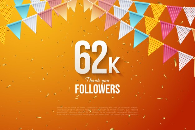 62k seguidores con decoración de cortinas de papel de celebración.
