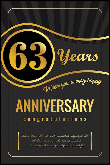 Vector 63 aniversario, diseño vectorial para celebración de aniversario con color dorado y negro.