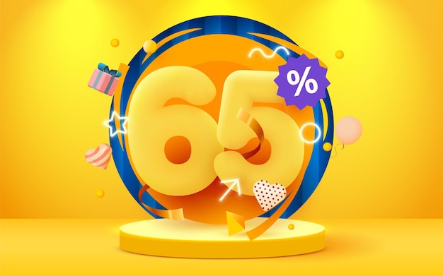 65 por ciento de descuento Composición creativa de descuento Símbolo de venta con objetos decorativos Banner y cartel de venta
