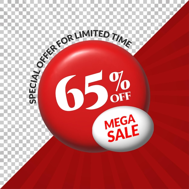 65 por ciento de descuento en mega venta oferta especial 3d símbolo de etiqueta de precio rojo