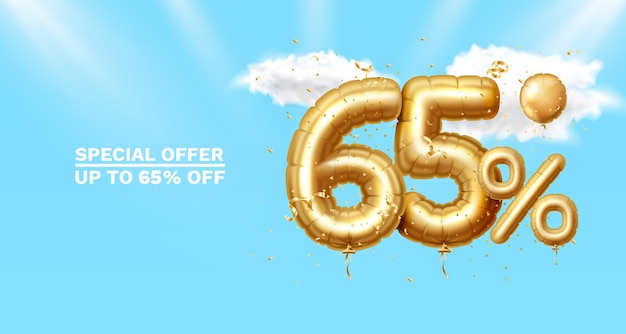 65 de descuento composición creativa 3d símbolo de venta dorada con objetos decorativos confeti dorado