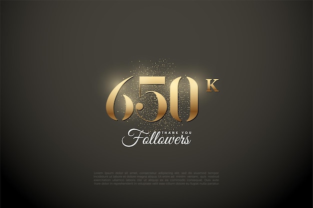650k seguidores con números y puntos dorados brillantes.