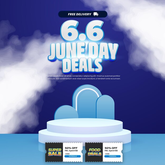 66 día de junio Ventas con descuento combina azul Efecto de texto editable Banner de podio simple