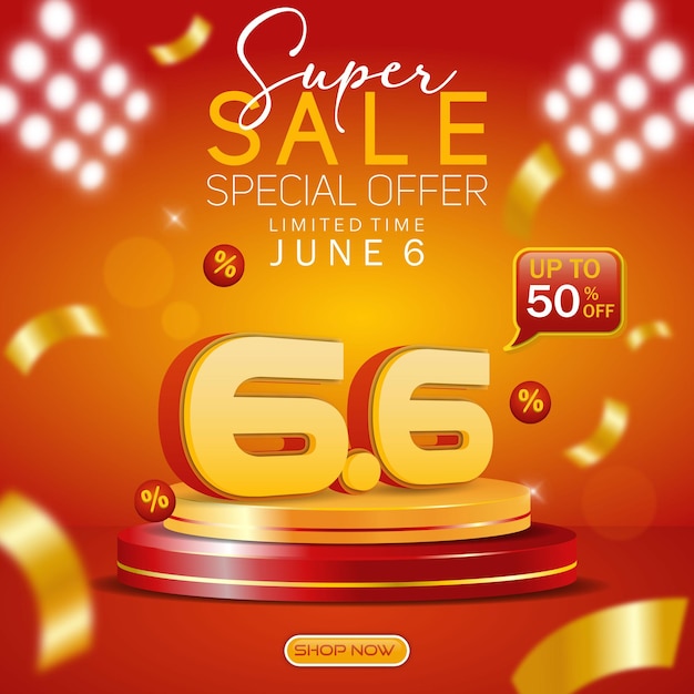 66 super venta en línea 6 de junio plantilla de banner con producto de podio