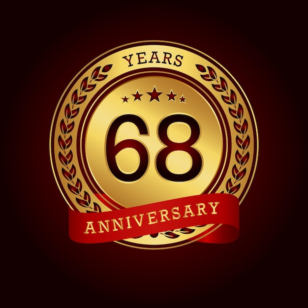 68 años de aniversario con un círculo dorado y una cinta roja en un fondo rojo oscuro