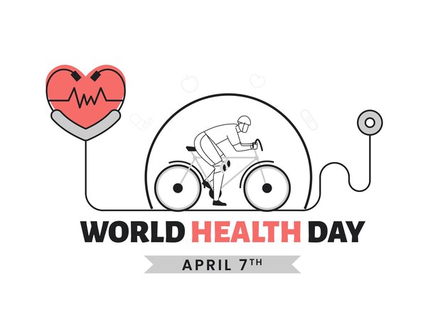 7 de abril Día Mundial de la Salud Concepto con Doodle Style Man Ciclismo y Chequeo de latidos cardíacos con estetoscopio sobre fondo blanco