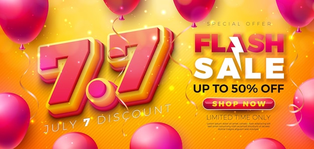 7 de julio día de compras diseño de venta flash con 3d 7 7 número multicapa y globo de fiesta en amarillo