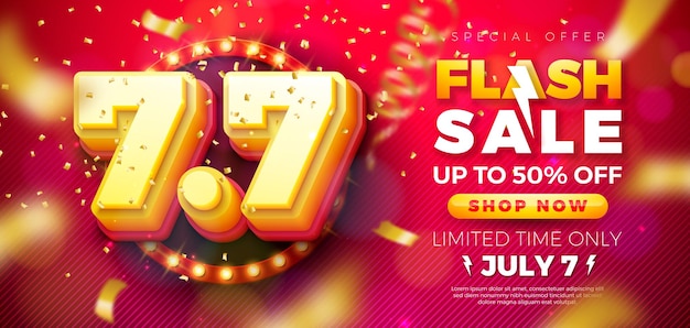 7 de julio día de compras flash venta diseño con 3d 7 7 número multicapa bombilla cartel y escenario