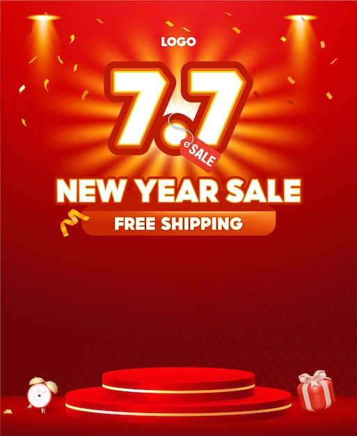7 de julio Mega Banner de venta con fondo rojo y efectos de reflectores