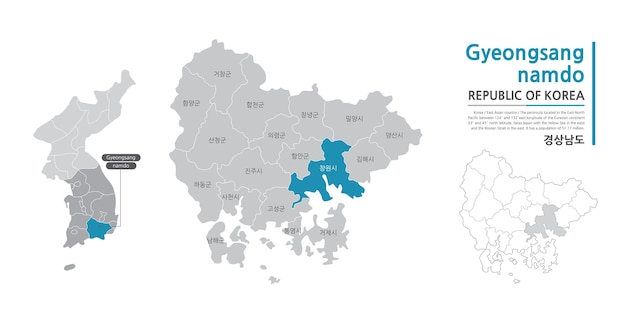 7 Un mapa de Gyeongsangnamdo que muestra los distritos administrativos con líneas blancas en Ilustración de arte