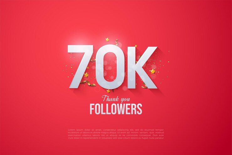Vector 70.000 seguidores sobre un fondo rojo con una pizca de purpurina dorada.