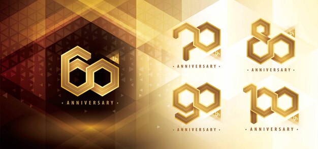 Vector 70 80 90 100 años logotipos de aniversario hexágono dorado abstracto logotipo infinito números hexágramos geométricos