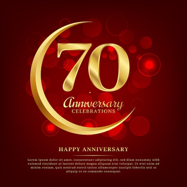 70 años de aniversario con luna dorada y fondo rojo brillante agregado con texto para palabras de felicitación