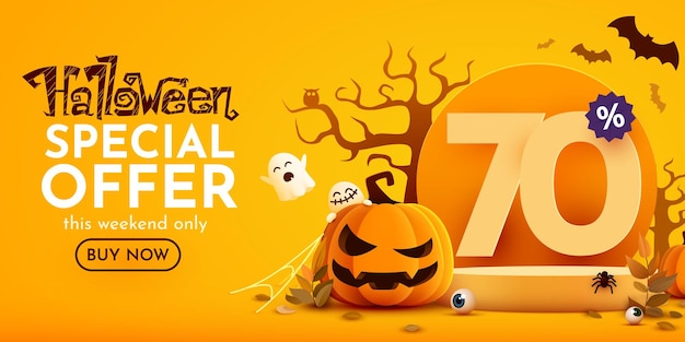 70 por ciento de descuento en la plantilla de banner de venta de Halloween Podio y números con cantidad de descuento Oferta especial de octubre Ilustración vectorial