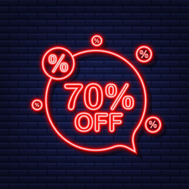 70 por ciento de descuento en venta Banner de descuento. Icono de neón. Precio de oferta de descuento. Ilustración vectorial.