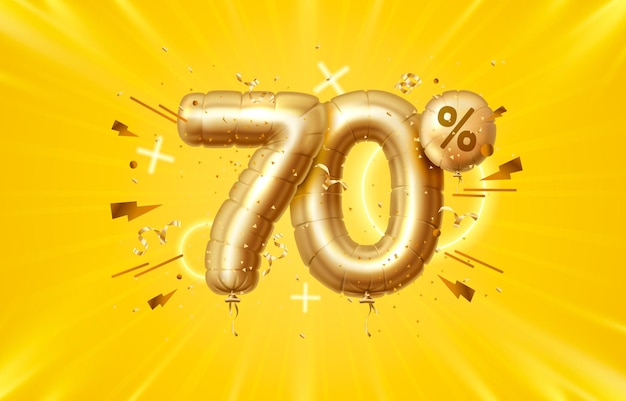 70% de descuento. Descuento composición creativa. Símbolo de venta de oro 3D con objetos decorativos, globos en forma de corazón, confeti dorado, podio y caja de regalo. Cartel y pancarta de venta. Ilustración vectorial.