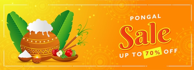 HASTA 70% DE DESCUENTO EN Pongal Sale Encabezado o Diseño de Banner con Plato Tradicional