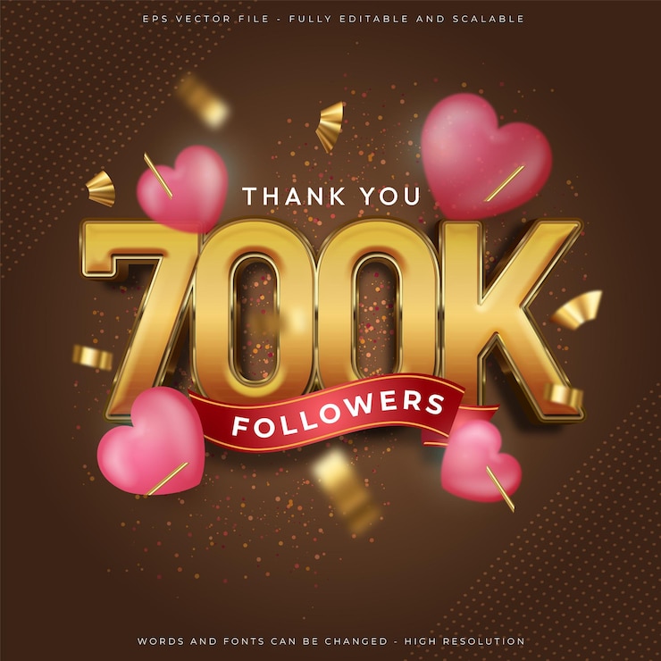 Vector 700k gracias a los seguidores y suscriptores de las redes sociales con efecto de estilo 3d de fuente editable