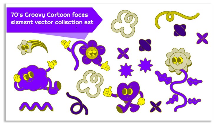 Vector 70s groovy cartoon faces elemento conjunto de colecciones vectoriales