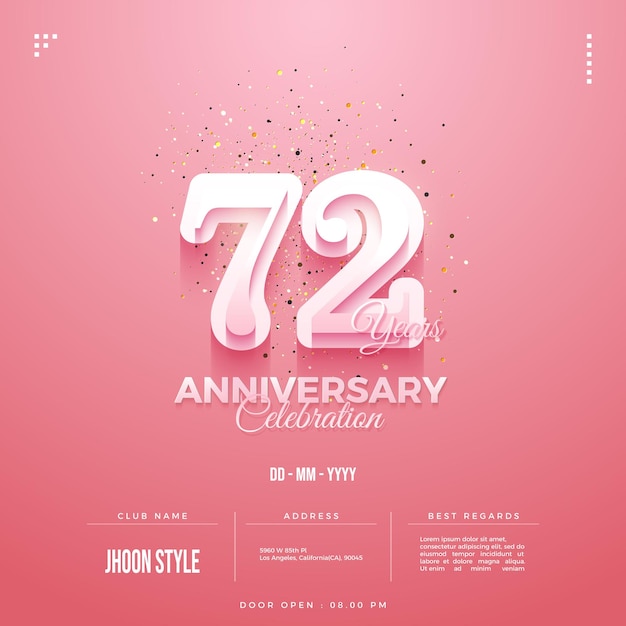 72º aniversario con números rosas apilados.