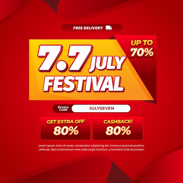 77 de julio Venta de compras del festival Gradiente rojo dinámico Efecto de texto editable Etiqueta de insignia Banner promocional