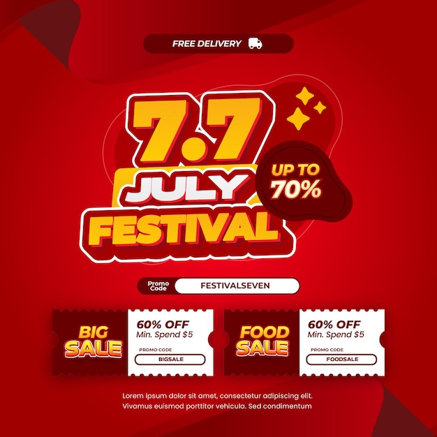 77 July Festival Sale deals Exclusive red gradient Editable text effect pop promo banner