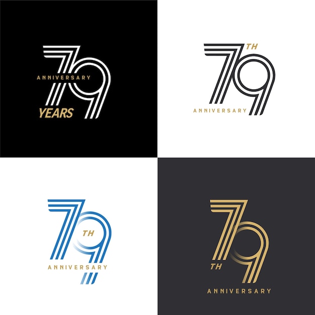 79 años aniversario vector número icono cumpleaños logo etiqueta negro blanco y colores raya número