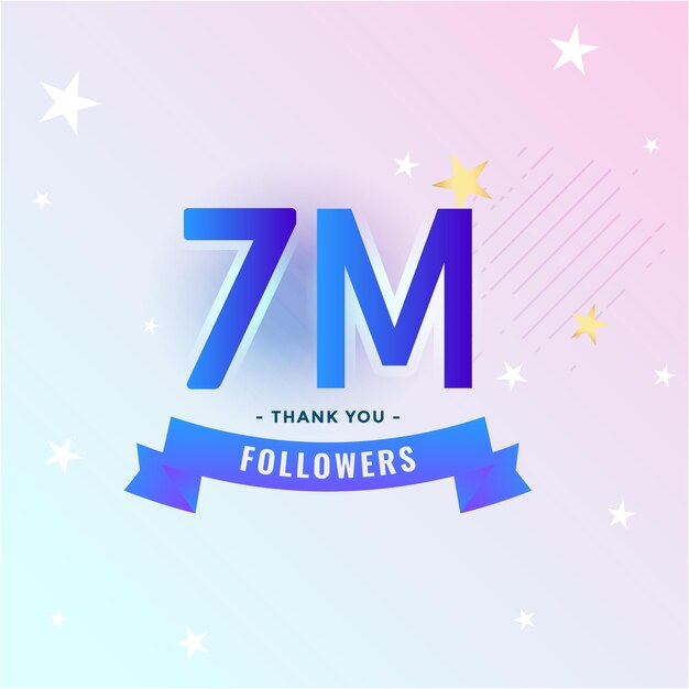 7M Celebración de seguidores 7M pancarta festiva social en línea 7M Número azul en fondo de gradiente