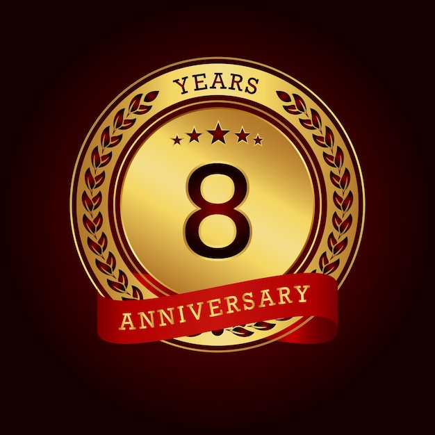 8 años de aniversario con un círculo dorado y una cinta roja en un fondo rojo oscuro