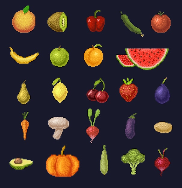 8 bit pixel art frutas bayas y verduras