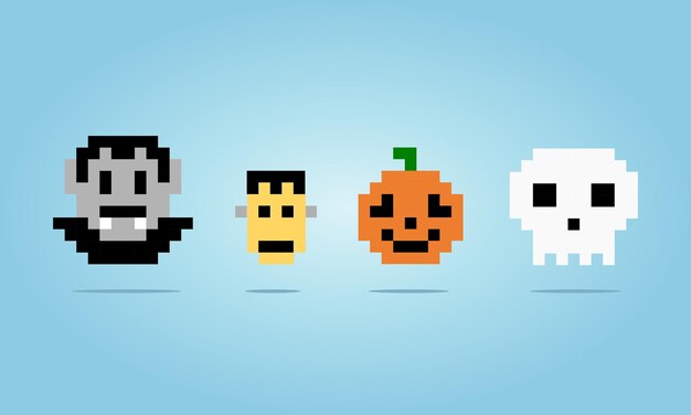 8 bit Pixel dracula calavera calabaza y cara de miedo para temas de Halloween en ilustración vectorial