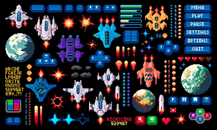 Vector 8 bits arcade espacio de píxeles juego de activos invasores conjunto