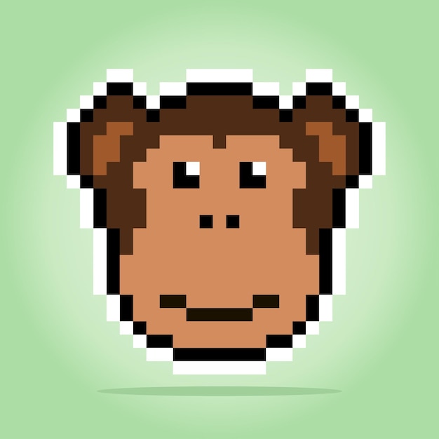 8 bits de píxeles de cabeza de mono Animales para activos de juegos en ilustraciones vectoriales